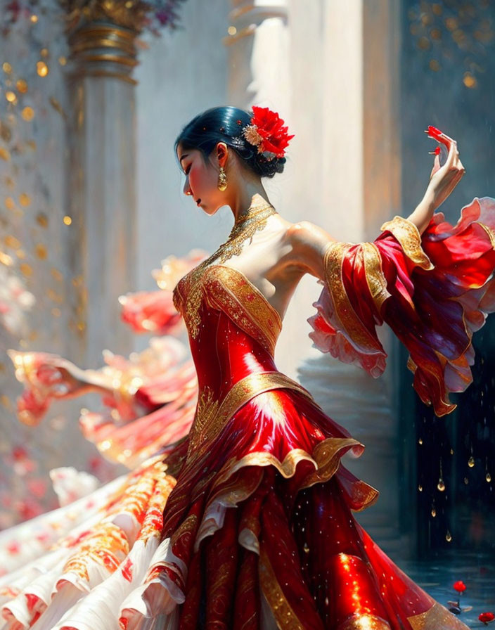 Woman in red and gold dress surrounded by falling petals and holding a red flower