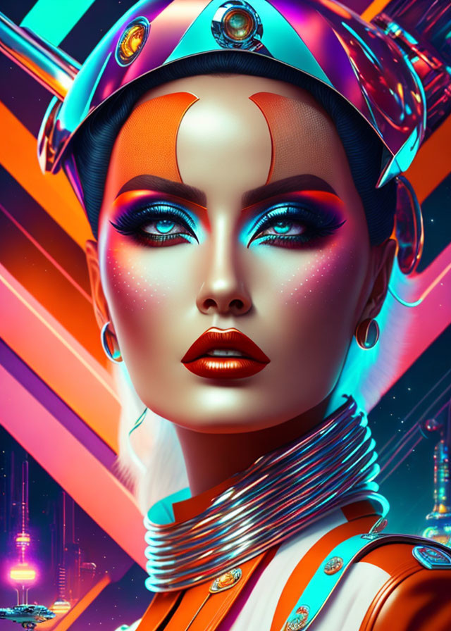 Futuristic woman in bold makeup and sci-fi uniform in neon cityscape