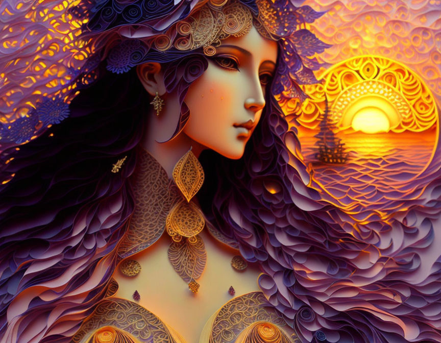 Elaborate golden headpiece on female figure against sunset backdrop