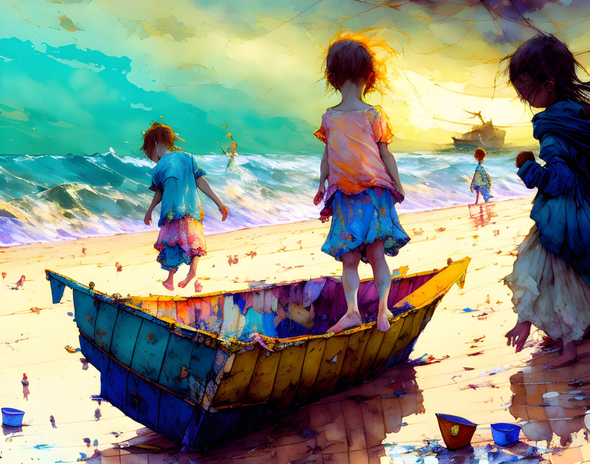 Vibrant beach scene: three children on colorful boat with ship in distance