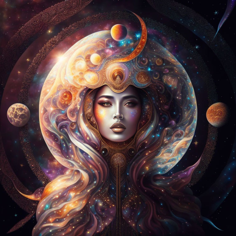 Celestial female figure with galaxy cloak and planetary hair portrayal