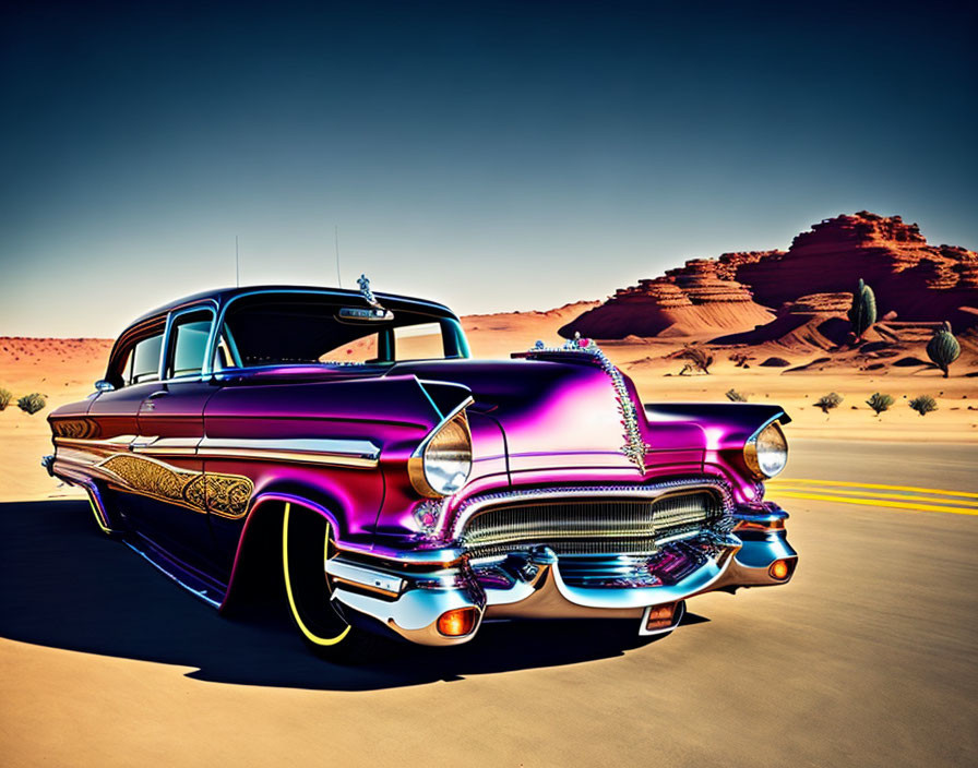 Shiny Purple Classic Car on Desert Road