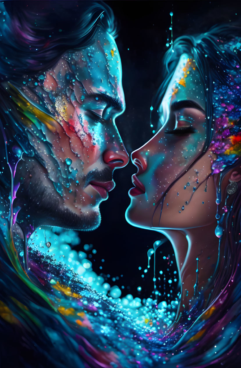 Colorful Cosmic Paint Splashes Adorn Faces in Profile