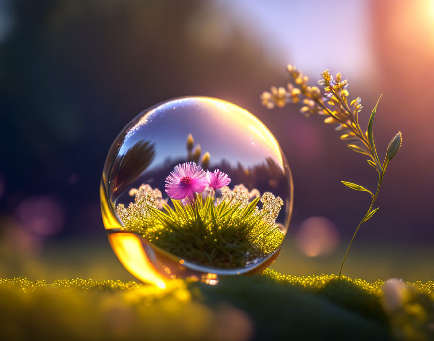 Crystal Ball Reflecting Dewy Meadow at Sunrise