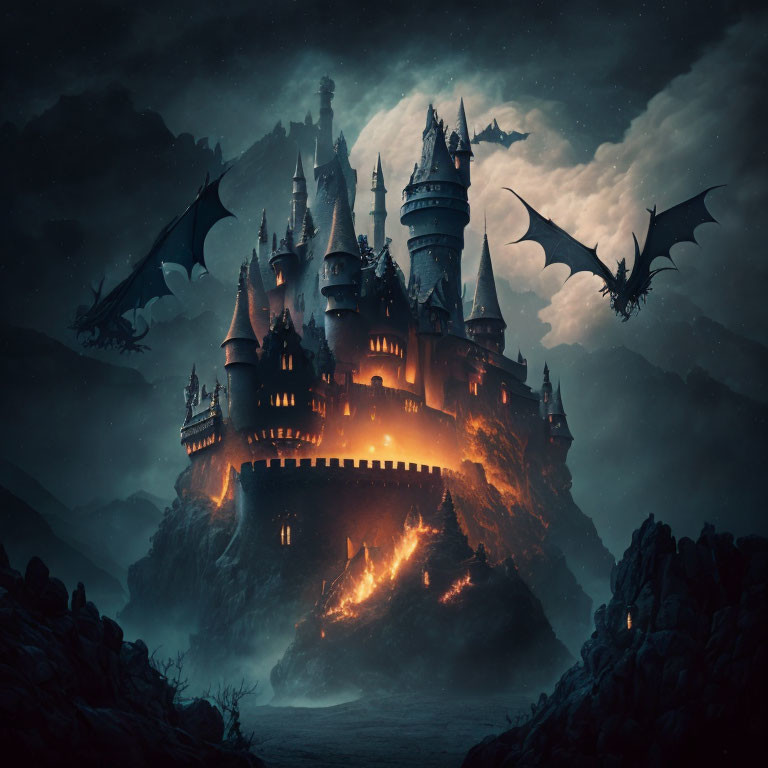 Gothic castle on craggy rocks with flying dragons under dark sky