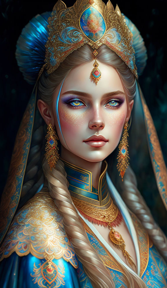 Detailed digital portrait of woman in blue and gold attire with striking multicolored eyes and jeweled he