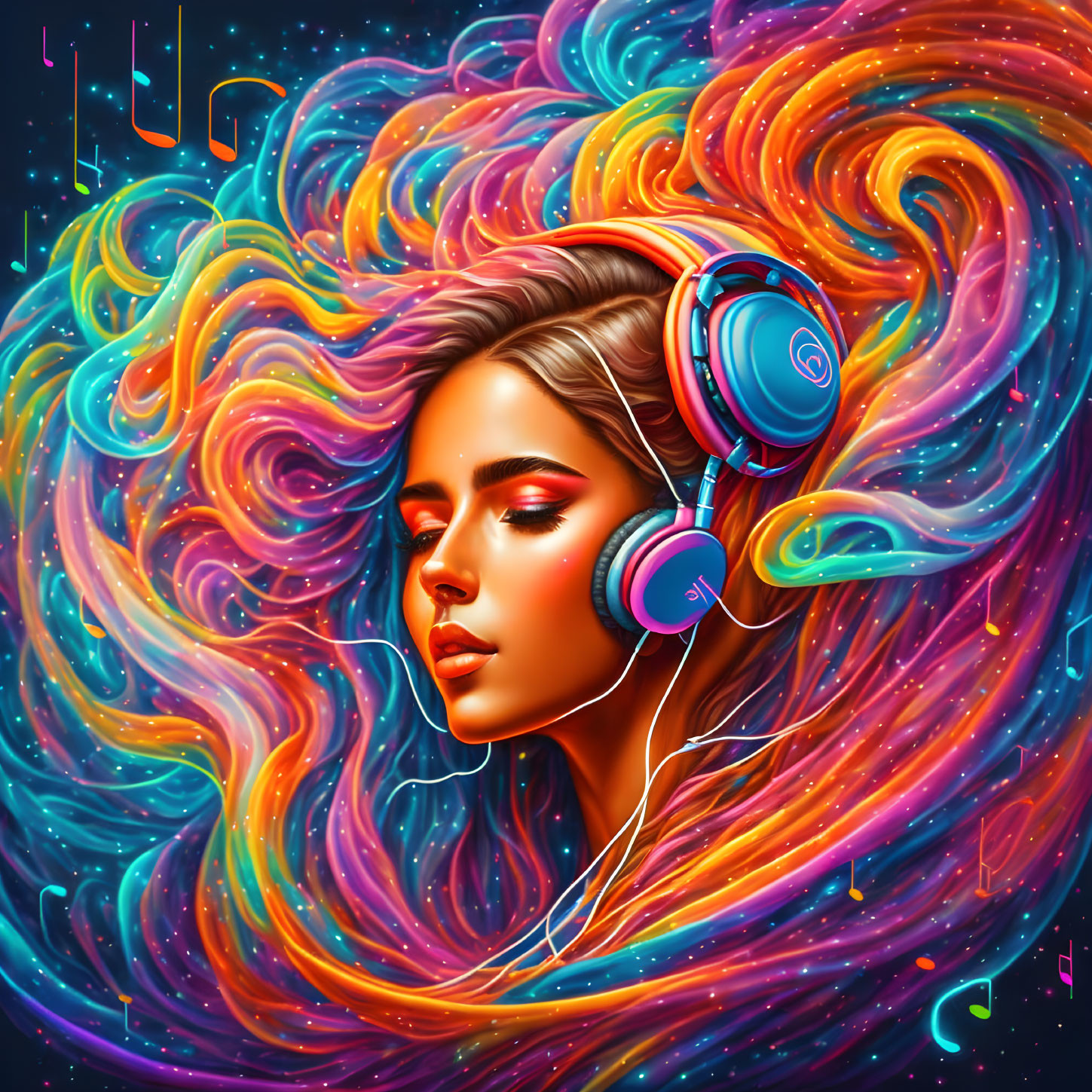 Colorful illustration: Woman with headphones and flowing hair surrounded by musical notes on starry background