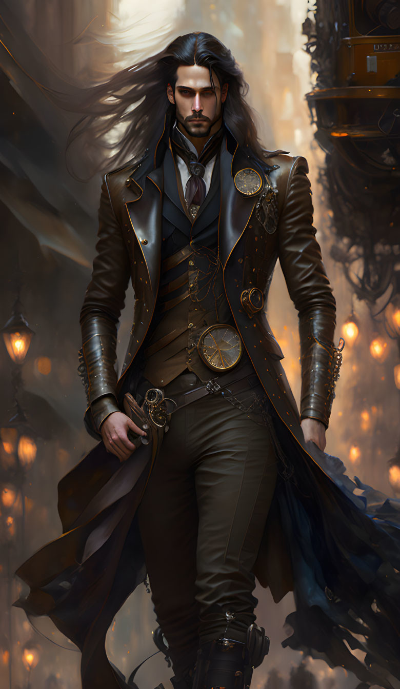 Long-haired man in steampunk outfit surrounded by glowing lanterns