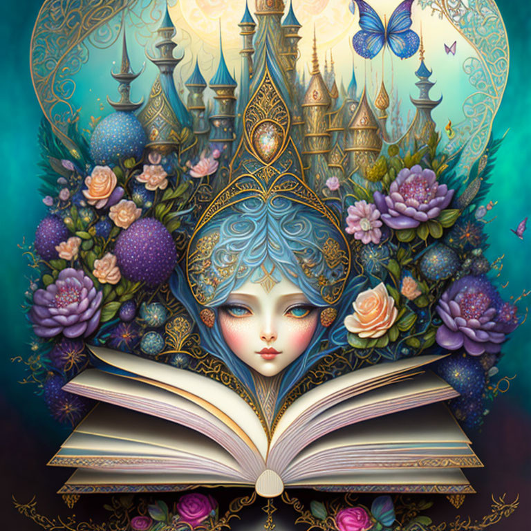 Colorful Woman's Face with Floral Motifs, Book, and Castle in Fantasy Setting