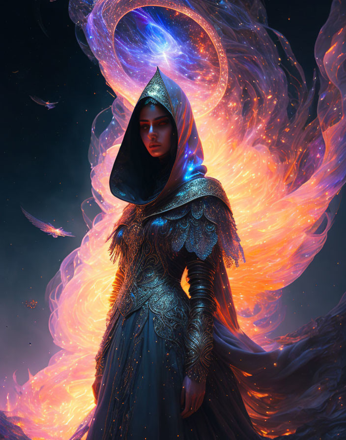 Mystical figure in hooded cloak against cosmic backdrop