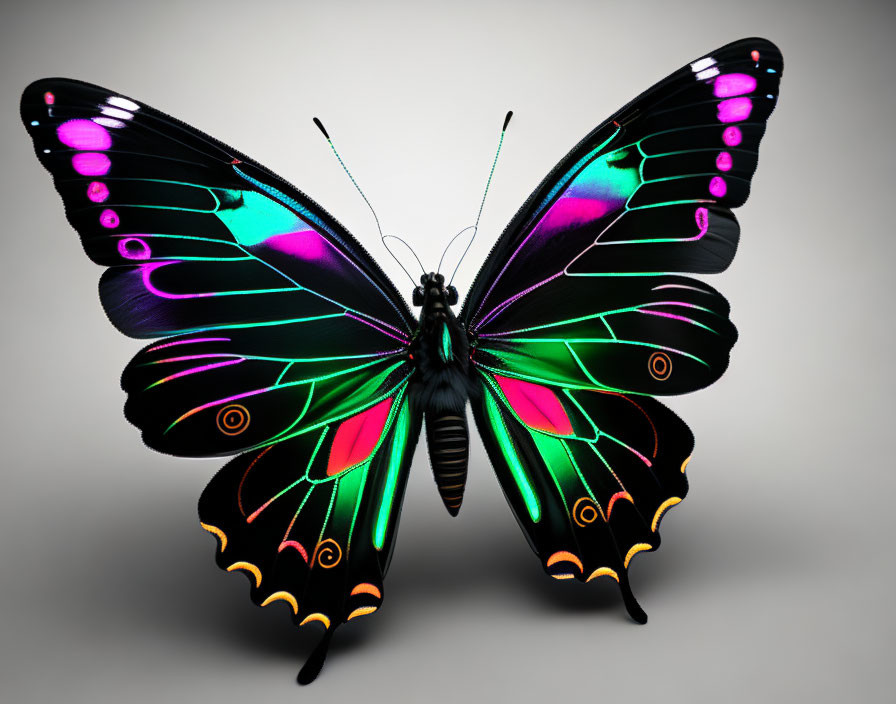 Colorful digital butterfly with teal and pink iridescent wings on pale backdrop