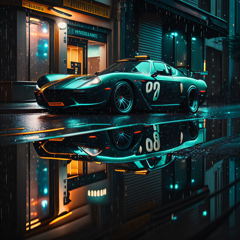 Vintage Sports Car Number 08 Parked on Wet Street at Night