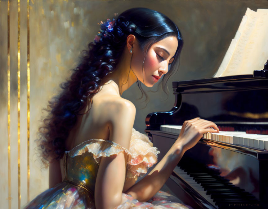 Woman with long curly hair playing grand piano in pastel dress