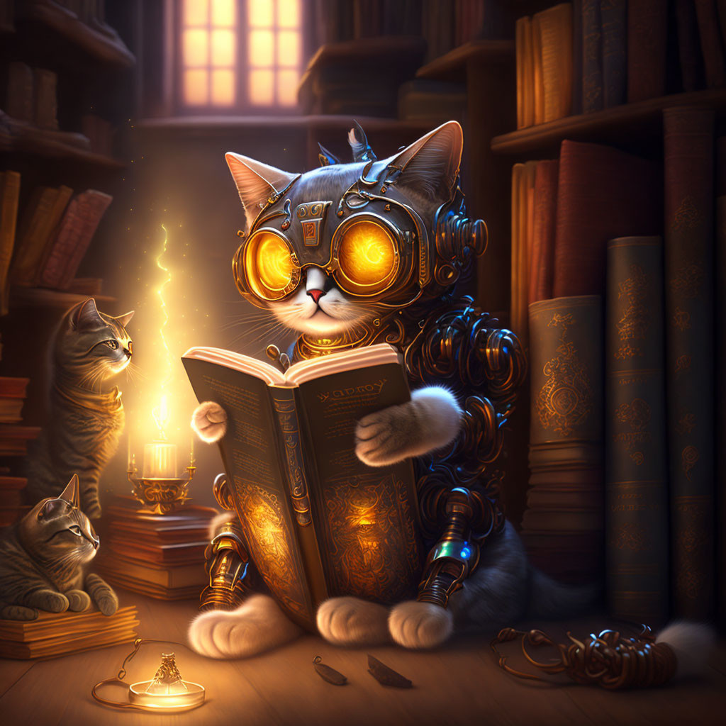 Steampunk-style cat reading book in cozy library with two other cats