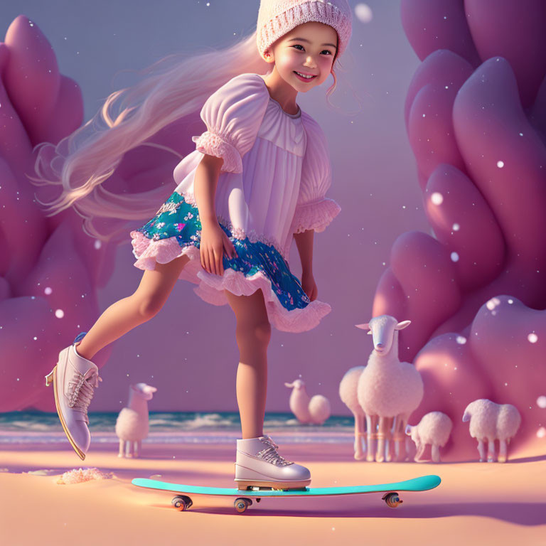 Young girl skateboarding with whimsical sheep in dreamy pink landscape