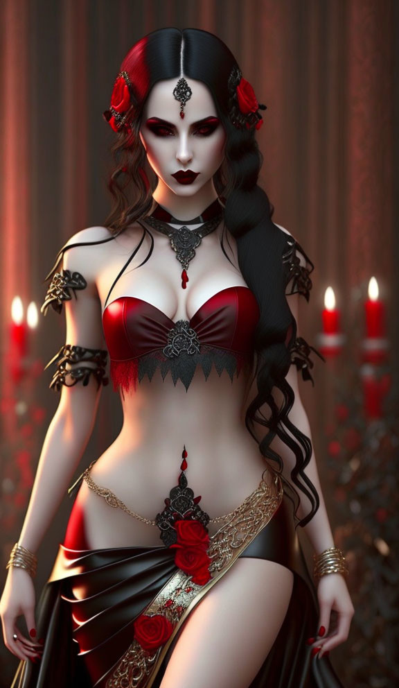 Gothic digital art: pale figure in red and black attire with roses, candlelit background