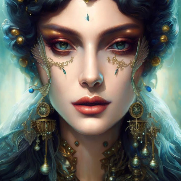 Portrait of woman with blue hair, gold earrings, and third eye mark