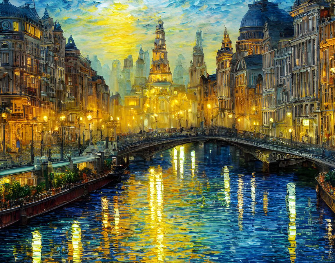 Impressionistic evening streetscape with historical buildings and canal bridge