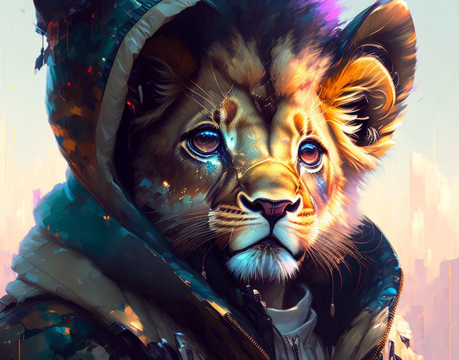 Young lion wearing human-like clothing with futuristic cityscape reflection.