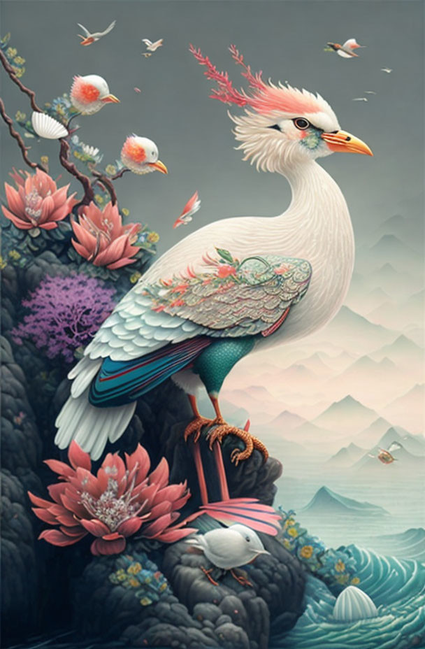 Detailed illustration of majestic white bird perched on rocky outcrop amidst blossoming flowers and smaller birds,