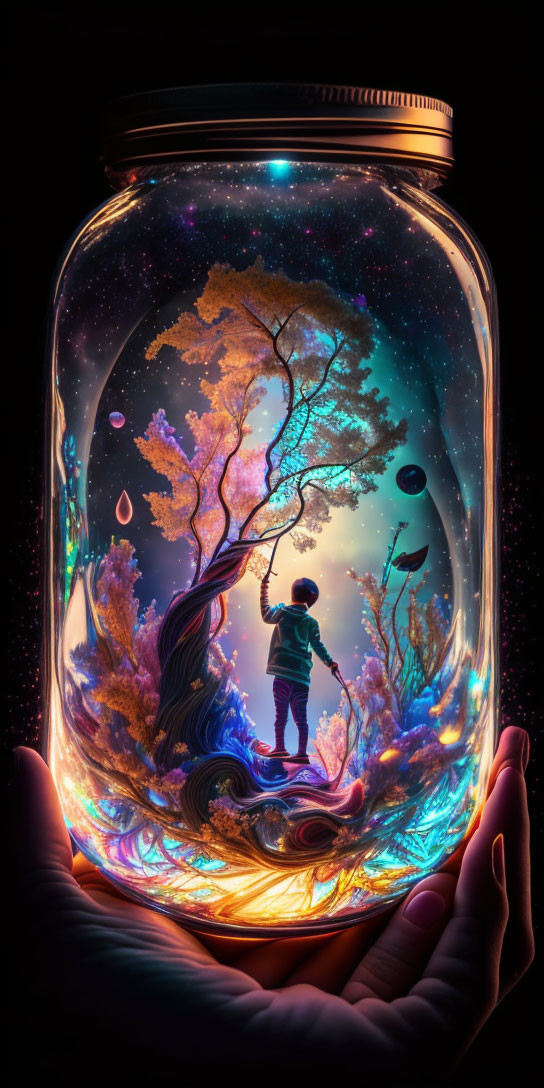 Person holding jar with fantastical cosmos, tree, celestial bodies, and vibrant colors on dark backdrop.