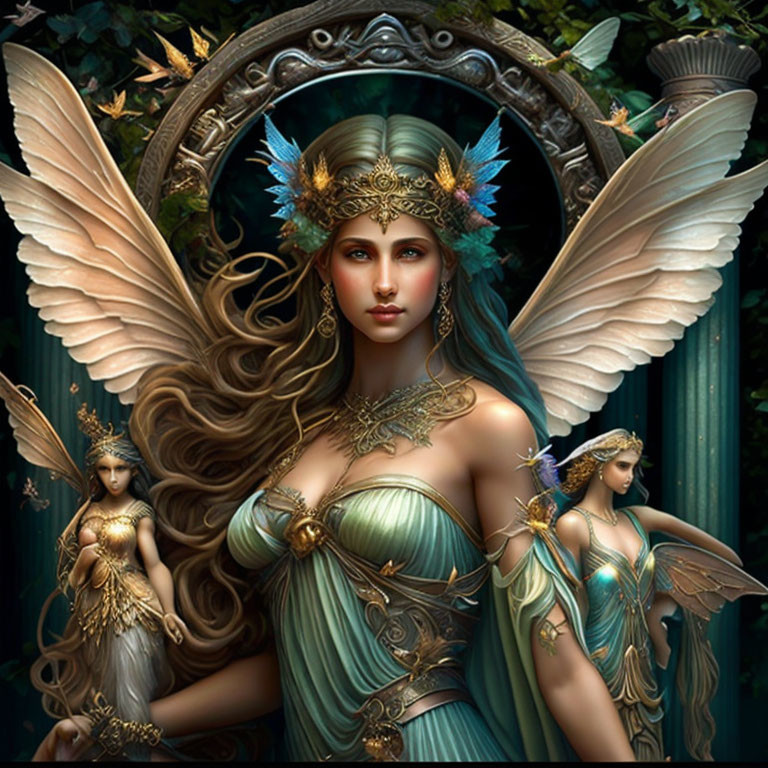 Detailed fantasy artwork: regal woman with angelic wings and golden crown in mystical garden.