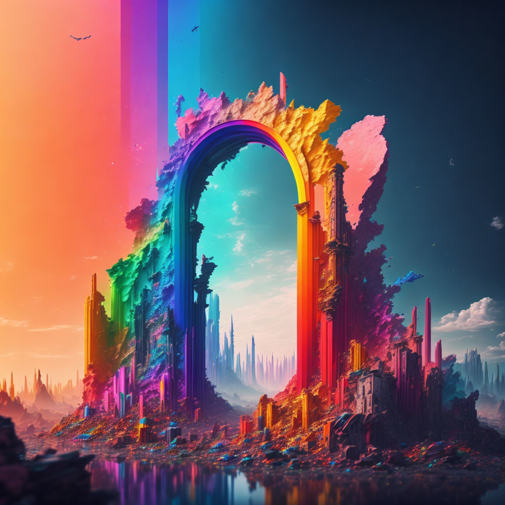 Colorful Archway in Surreal Fantasy Landscape: Vibrant Digital Artwork