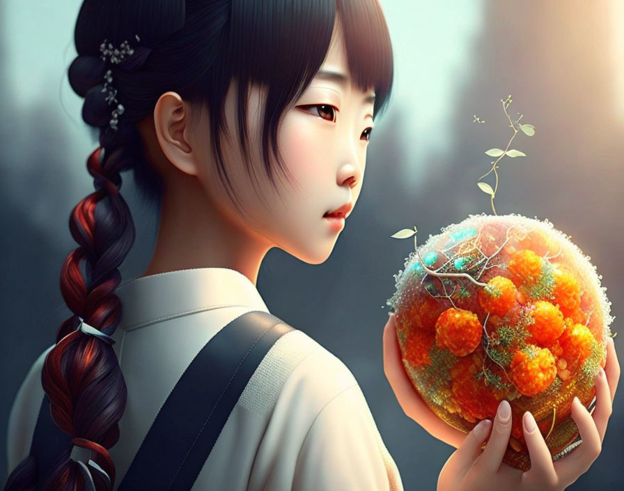 Girl with braid and hairpin admires miniature tree in levitating sphere