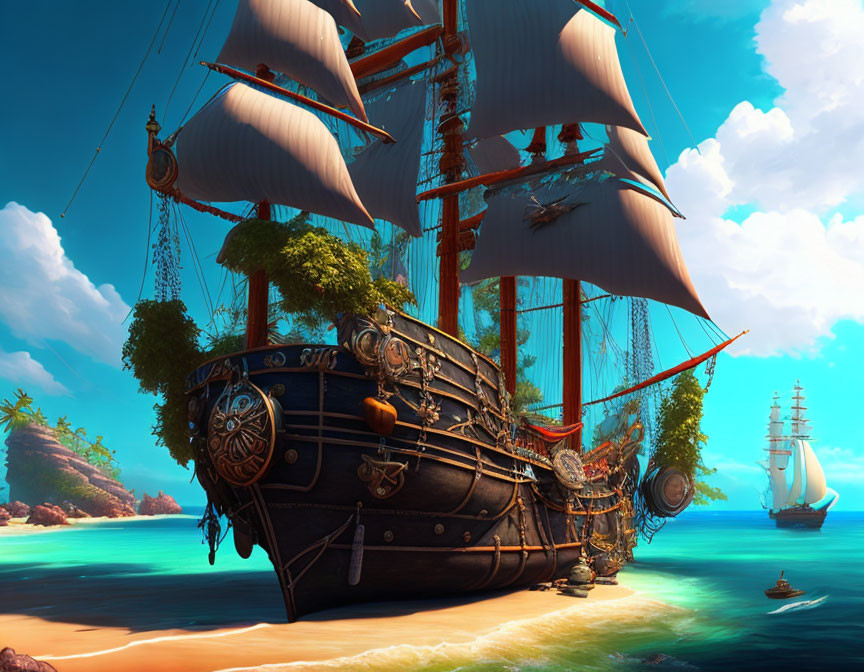 Ornate sailing ship near tropical beach with clear skies