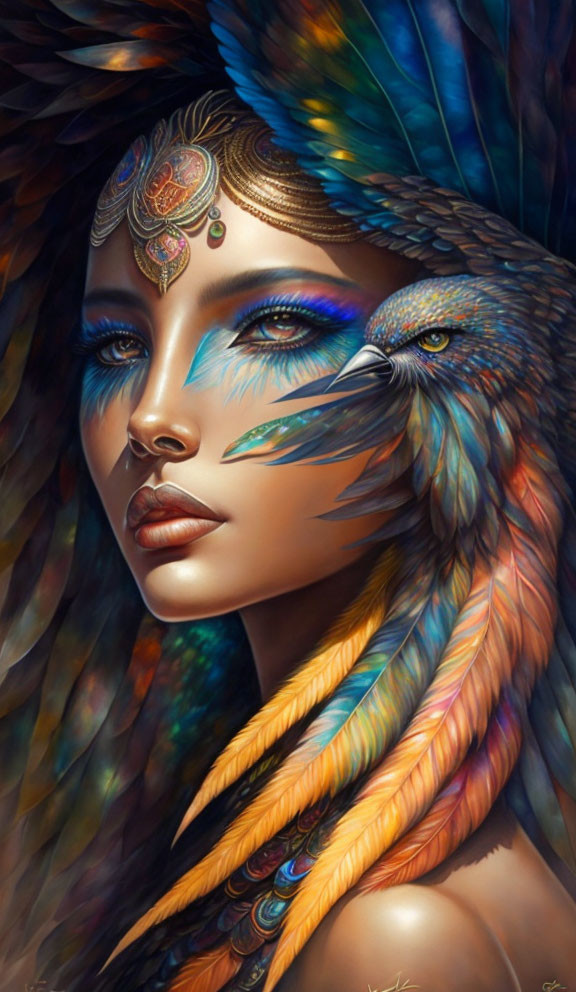 Vibrant digital artwork: Woman with feather headdress morphing into bird of prey.