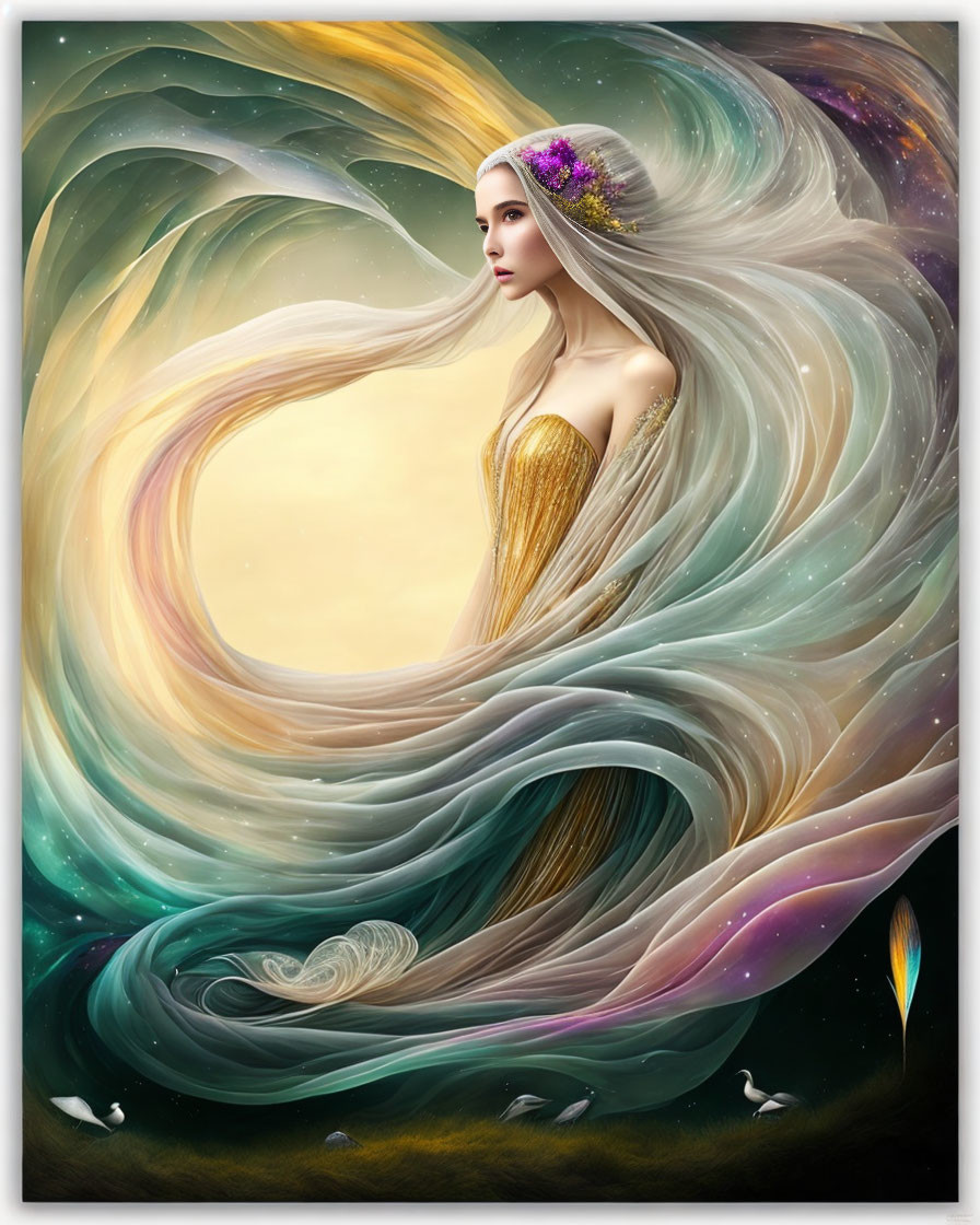 Colorful fantasy illustration of woman with flowing hair, abstract waves, birds, and candle.