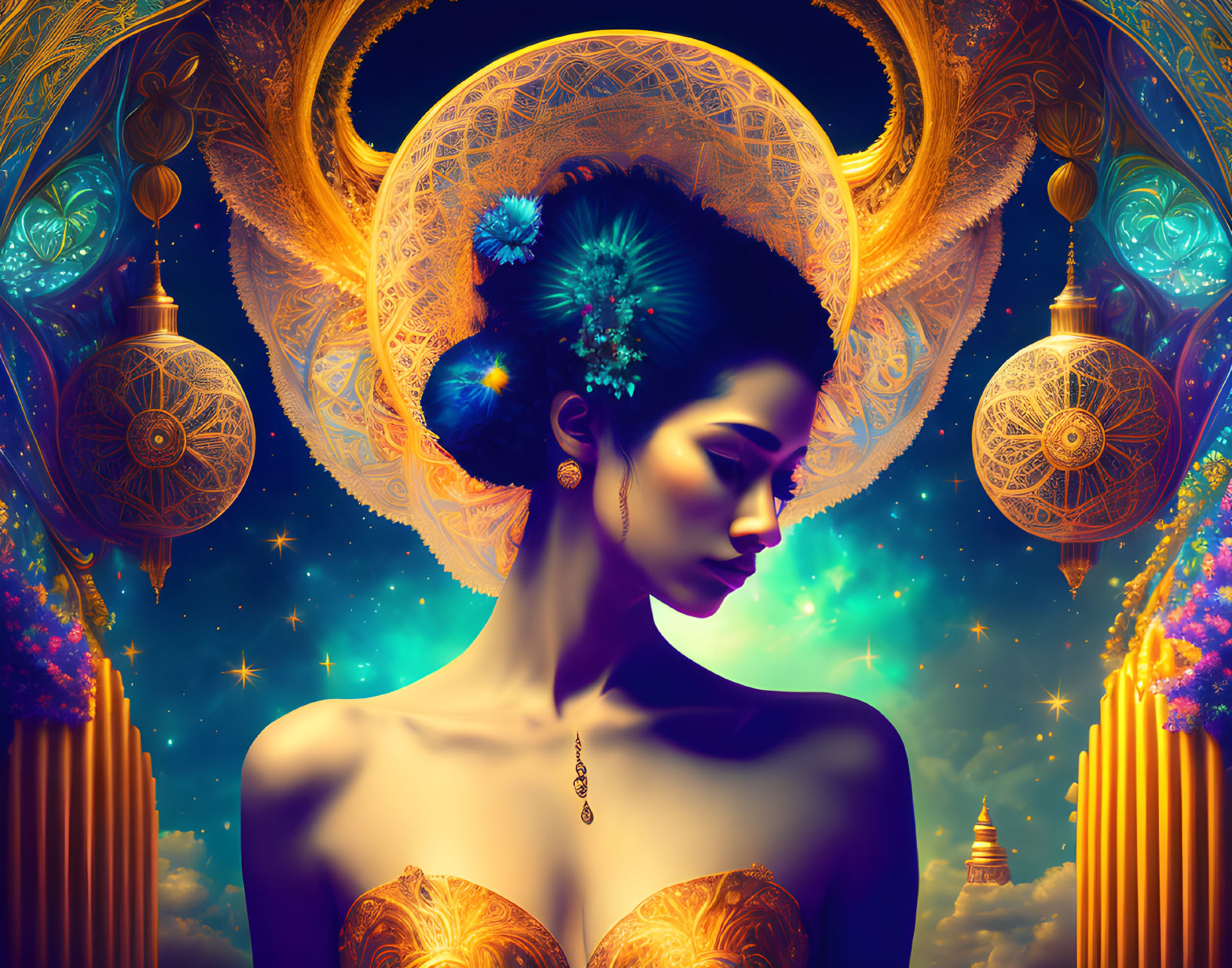 Cosmic-themed digital artwork with woman and vibrant color palette