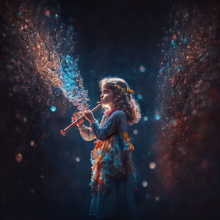 Girl in Blue Dress Playing Flute with Swirling Lights in Dark Setting