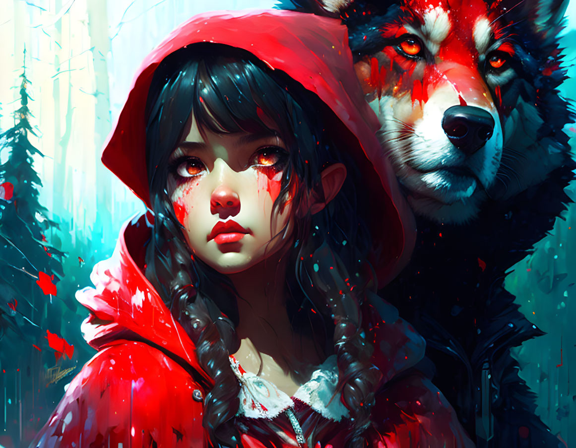 Girl in Red Hood with Wolf in Snowy Forest and Red Petals