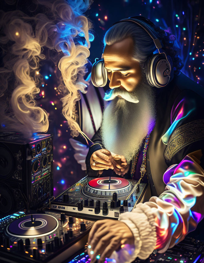 Colorful Digital Artwork: Elderly Man DJing with Turntables