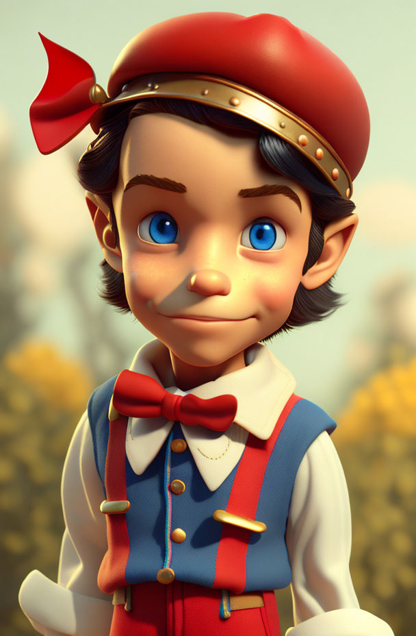 3D rendering of Pinocchio with red hat and bow, blue eyes, white collar, suspend