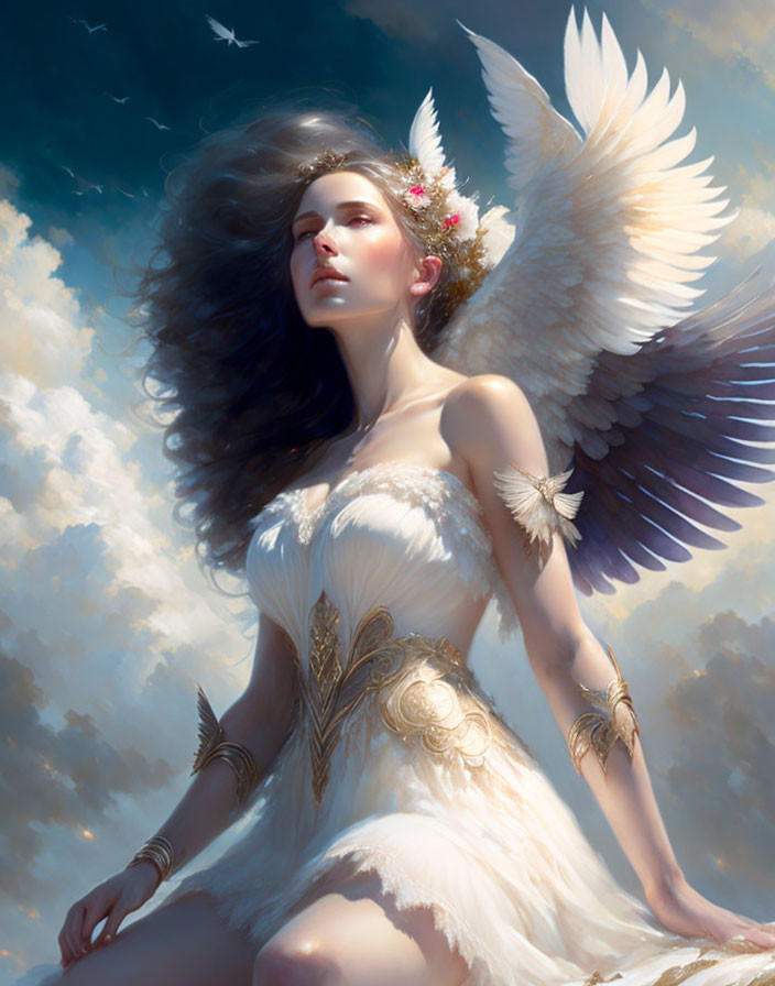 Ethereal woman with angelic wings and flowers in her hair gazes upward