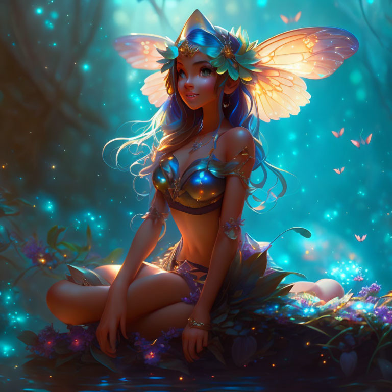 Whimsical fairy with butterfly wings in glowing floral scene