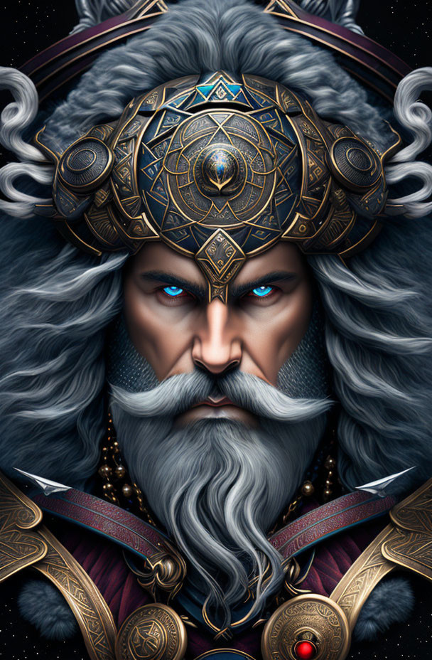 Illustration of majestic figure with white beard, blue eyes, ornate helmet, and intricate armor