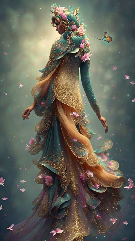 Illustrated ethereal woman in teal and gold gown with flowers and butterflies on starry backdrop