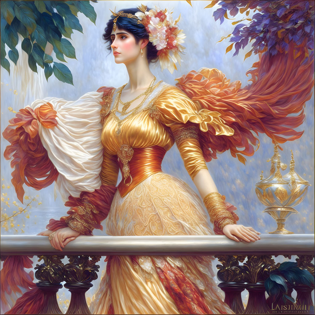 Graceful woman in golden dress with red hair beside ornate vessel