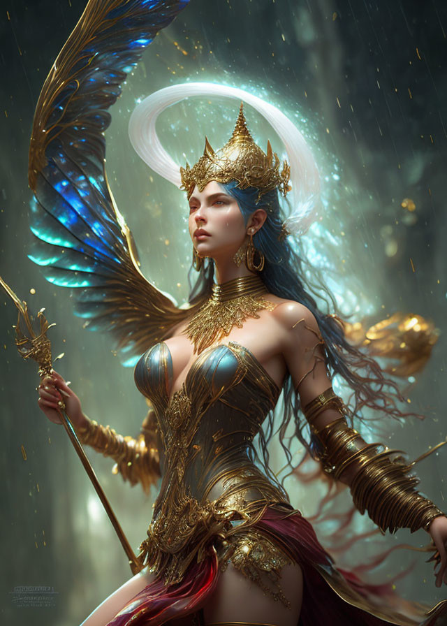 Majestic woman in golden armor with blue wings and halo in mystical setting