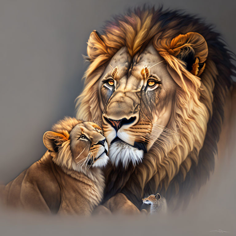 Affectionate lion and lioness digital illustration on muted background