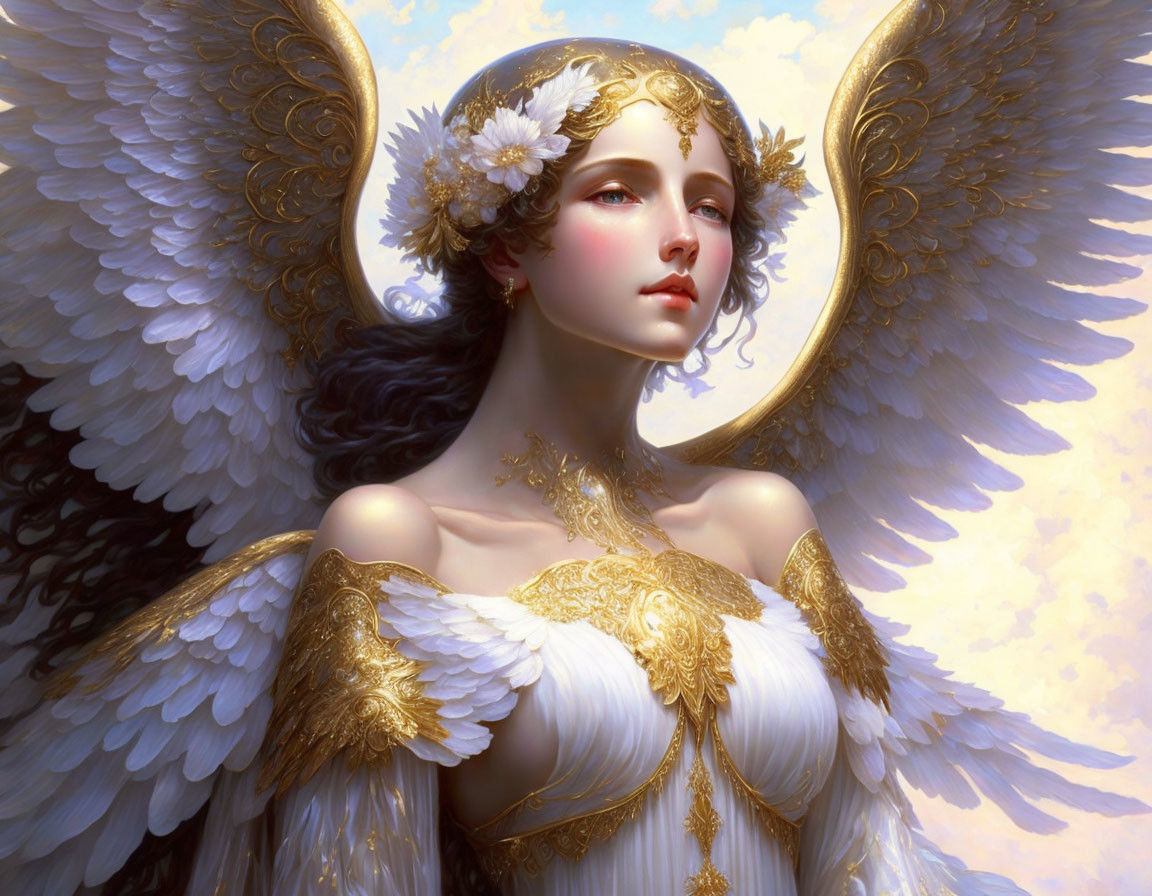 Golden halo and wings adorn serene angelic figure in white and gold dress against luminous sky