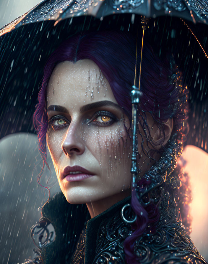 Woman with purple hair and green eyes holding umbrella in the rain.