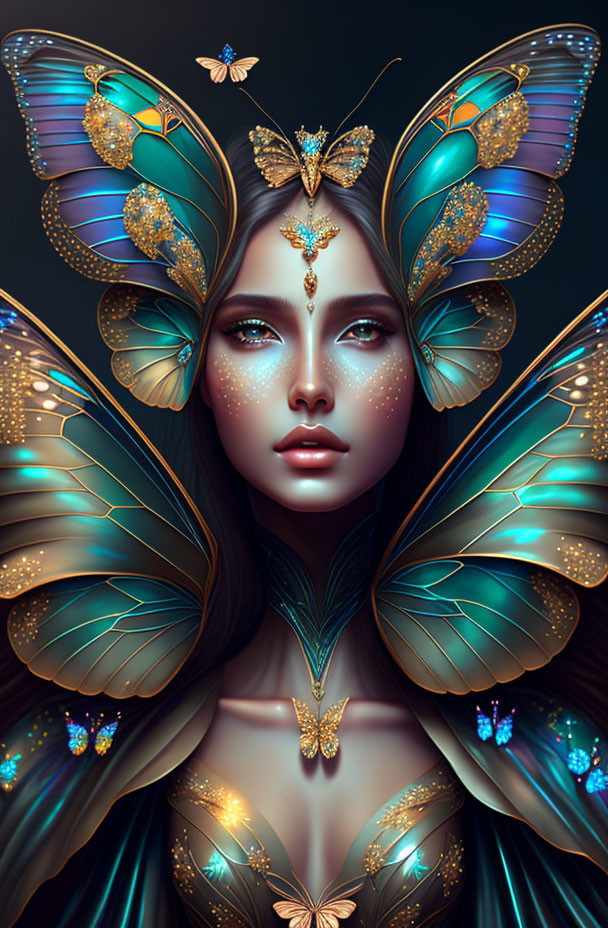 Woman with Butterfly Wing Ears and Mystical Aura surrounded by Butterflies