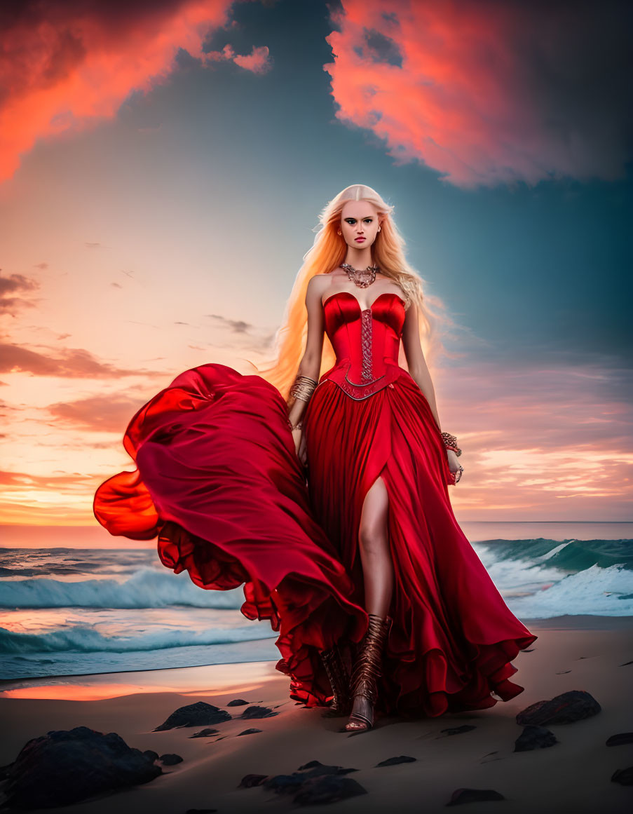 Blonde woman in red dress walking on beach at sunset