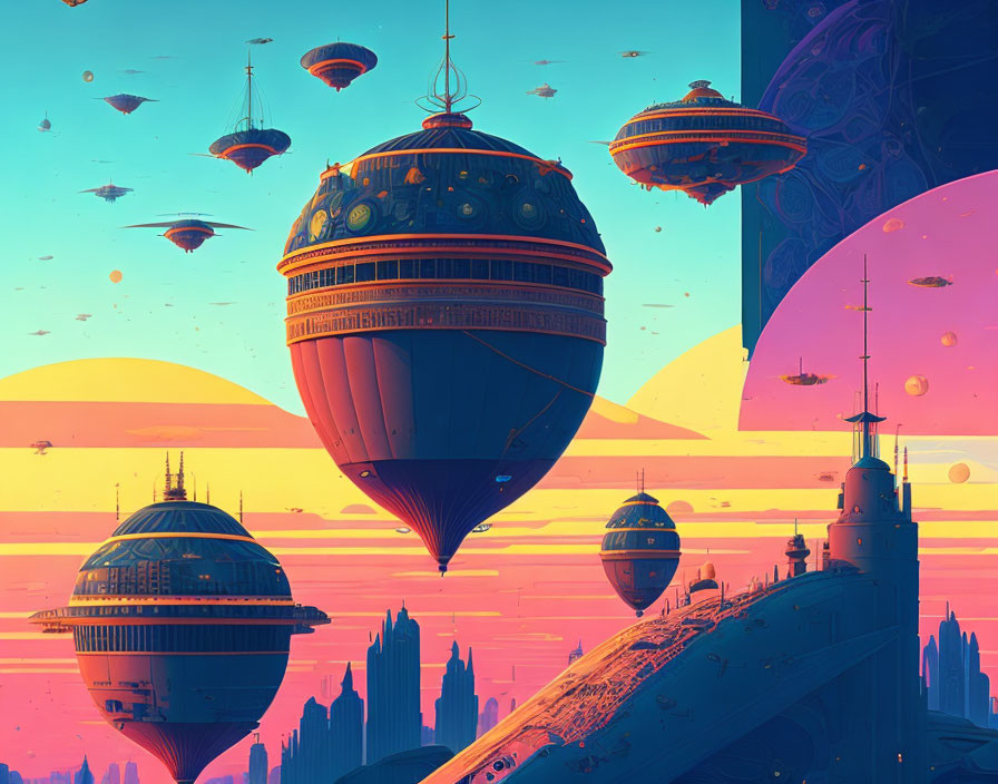 Futuristic floating cities and airships in vibrant sci-fi scene