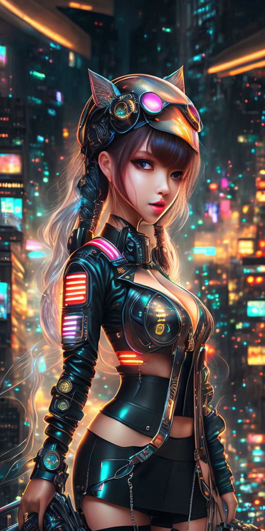 Futuristic female character in neon cyberpunk attire and goggles against city lights