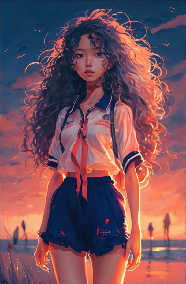 Curly-Haired Animated Girl in School Uniform at Sunset